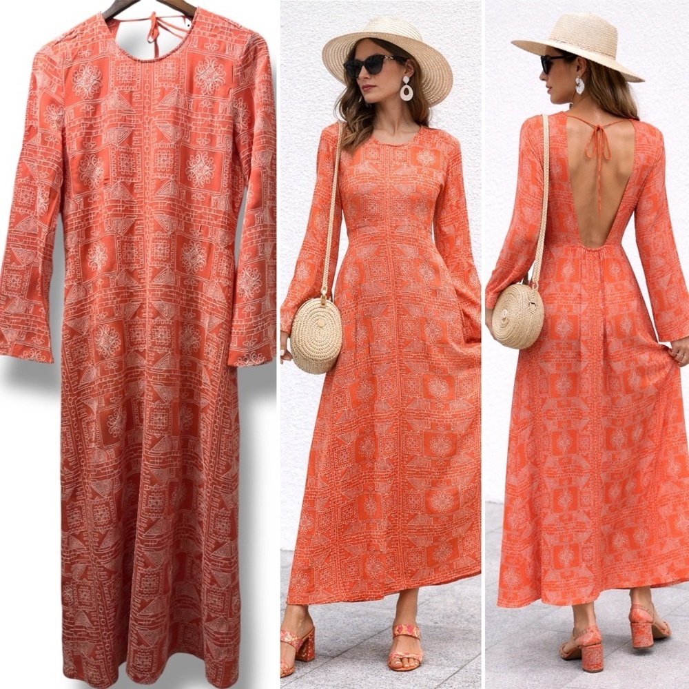 ZARA | EUC 100% Cotton Burnt Orange Printed Open-Back Long-Sleeve Maxi Dress (S)